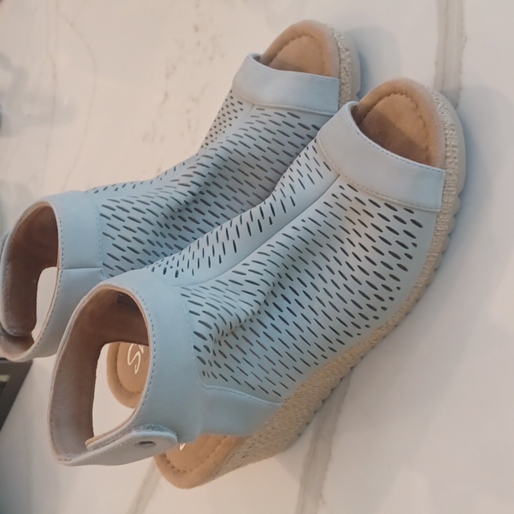 Skechers Monarch Blue Nights Canvas Wedge Sandals Size